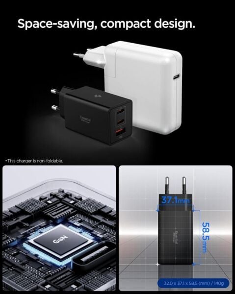 Spigen 67W USB-C + USB-A 3 Port Hızlı Şarj Aleti Samsung PPS 2.0 Isı Düşüren GaN Pro Akım Korumalı PD 3.0 / SCP / FCP Protokol Güç Adaptörü iPhone & Android & iPad & MacBook Type-C Black