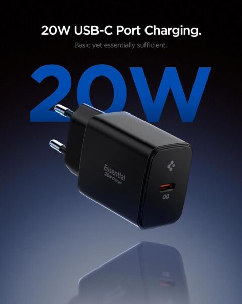 Spigen 20W USB-C Mini Hızlı Şarj Aleti/Şarj Isısını Düşürür GaN Destekli Akım Korumalı Güç Adaptörü iPhone & Android & iPad Type-C EE201 Black - ACH09217