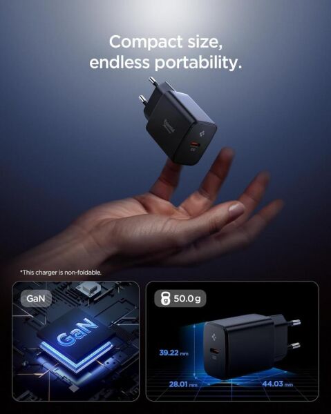 Spigen 20W USB-C Mini Hızlı Şarj Aleti/Şarj Isısını Düşürür GaN Destekli Akım Korumalı Güç Adaptörü iPhone & Android & iPad Type-C EE201 Black - ACH09217