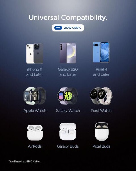 Spigen 20W USB-C Mini Hızlı Şarj Aleti/Şarj Isısını Düşürür GaN Destekli Akım Korumalı Güç Adaptörü iPhone & Android & iPad Type-C EE201 Black - ACH09217