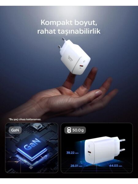 Spigen 20W USB-C Mini Hızlı Şarj Aleti/Şarj Isısını Düşürür GaN Destekli Akım Korumalı Güç Adaptörü iPhone & Android & iPad Type-C EE201 White - ACH08701