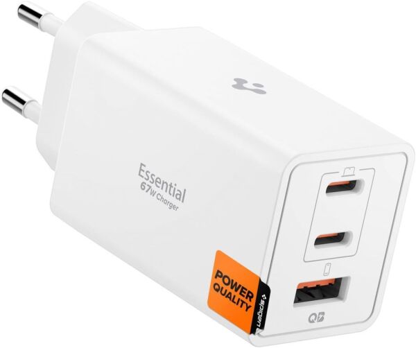 Spigen 67W USB-C + USB-A 3 Port Hızlı Şarj Aleti Samsung PPS 2.0 Isı Düşüren GaN Pro Akım Korumalı PD 3.0 / SCP / FCP Protokol Güç Adaptörü iPhone & Android & iPad & MacBook Type-C White