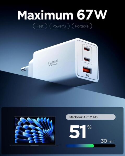 Spigen 67W USB-C + USB-A 3 Port Hızlı Şarj Aleti PPS 2.0 Isı Düşüren GaN Pro Akım Korumalı PD 3.0 / SCP / FCP Protokol Güç Adaptörü iPhone & Android & iPad & MacBook Type-C White