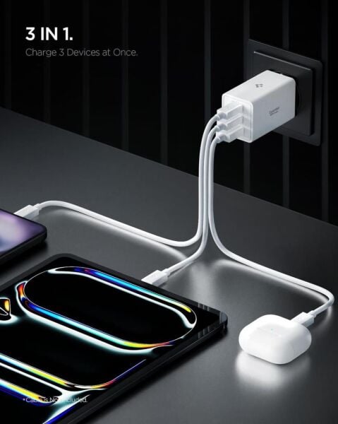 Spigen 67W USB-C + USB-A 3 Port Hızlı Şarj Aleti PPS 2.0 Isı Düşüren GaN Pro Akım Korumalı PD 3.0 / SCP / FCP Protokol Güç Adaptörü iPhone & Android & iPad & MacBook Type-C White