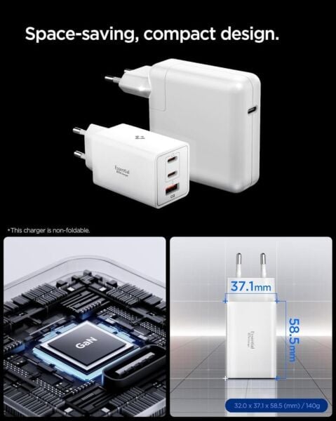 Spigen 67W USB-C + USB-A 3 Port Hızlı Şarj Aleti PPS 2.0 Isı Düşüren GaN Pro Akım Korumalı PD 3.0 / SCP / FCP Protokol Güç Adaptörü iPhone & Android & iPad & MacBook Type-C White