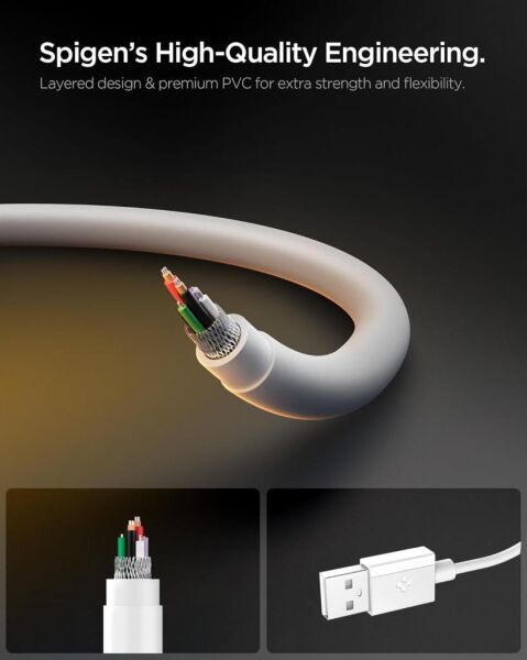 Spigen USB-A to USB-C 2 Metre Kablo 60W Güç / Hızlı Şarj / 480 Mbps Data Aktarım Hızı Type-C Ekstra Dayanıklı White