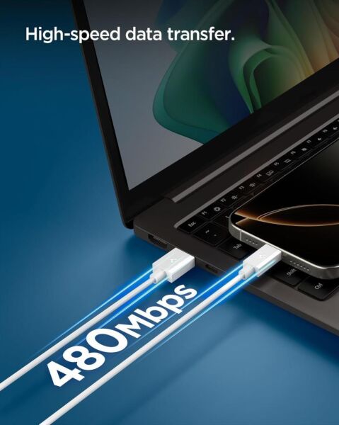 Spigen USB-A to USB-C 2 Metre Kablo 60W Güç / Hızlı Şarj / 480 Mbps Data Aktarım Hızı Type-C Ekstra Dayanıklı White