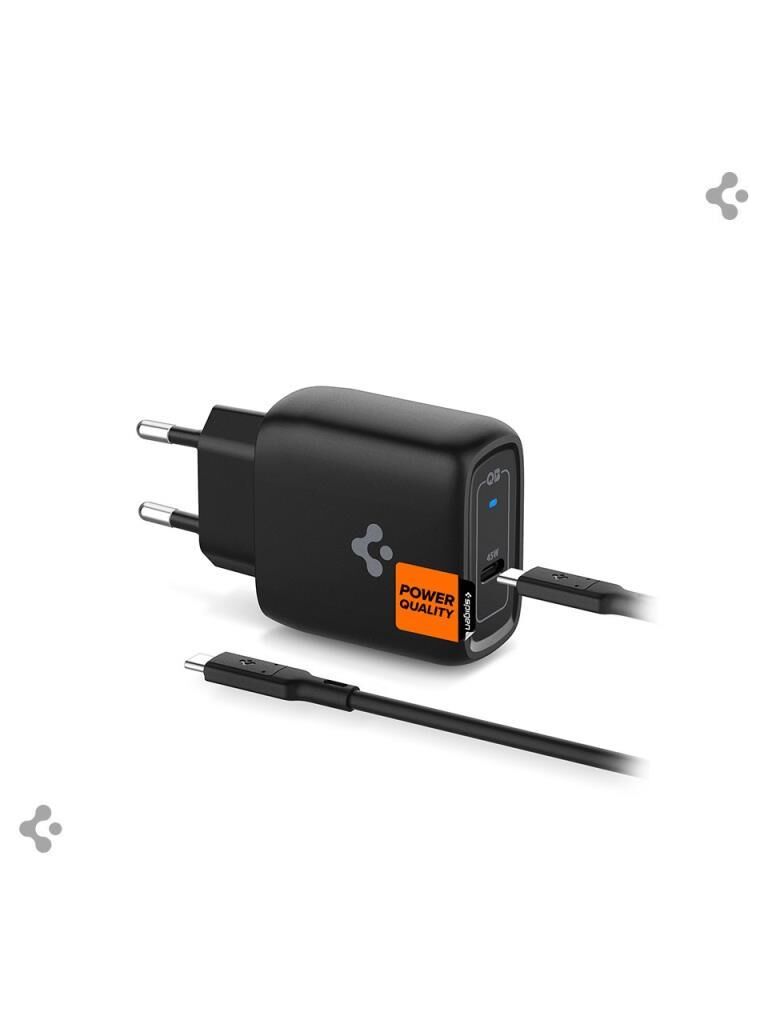 Spigen 45W USB-C Hızlı Şarj Aleti + Örgü Şarj Kablo Samsung PPS 2.0 / Isı Düşürücü GaN Akım Korumalı PD 3.0 Güç Adaptörü Super Hızlı Şarj iPhone & Android & iPad & MacBook Type-C Black