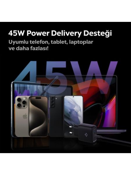 Spigen 45W USB-C Hızlı Şarj Aleti + Örgü Şarj Kablo Samsung PPS 2.0 / Isı Düşürücü GaN Akım Korumalı PD 3.0 Güç Adaptörü Super Hızlı Şarj iPhone & Android & iPad & MacBook Type-C Black