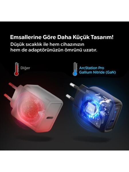Spigen 45W USB-C Hızlı Şarj Aleti + Örgü Şarj Kablo Samsung PPS 2.0 / Isı Düşürücü GaN Akım Korumalı PD 3.0 Güç Adaptörü Super Hızlı Şarj iPhone & Android & iPad & MacBook Type-C Black