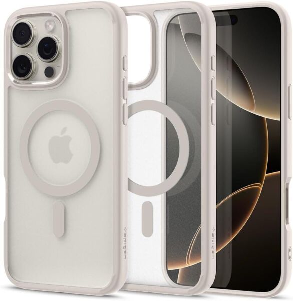 Spigen iPhone 16 Pro ile Uyumlu Kılıf Ultra Hybrid MagFit MagSafe Özellikli Frost Natural Titanium