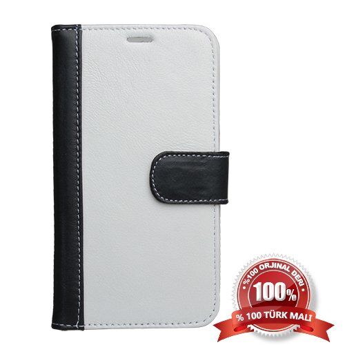 Galaxy S5 G900 ile Uyumlu Hakiki Deri Kapaklı Kılıf Beyaz&Siyah