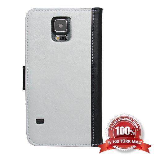 Galaxy S5 G900 ile Uyumlu Hakiki Deri Kapaklı Kılıf Beyaz&Siyah