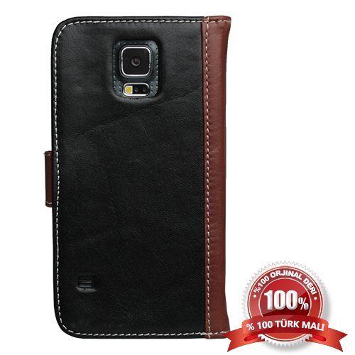 Galaxy S5 G900 ile Uyumlu Hakiki Deri Kapaklı Kılıf Siyah&Kahve