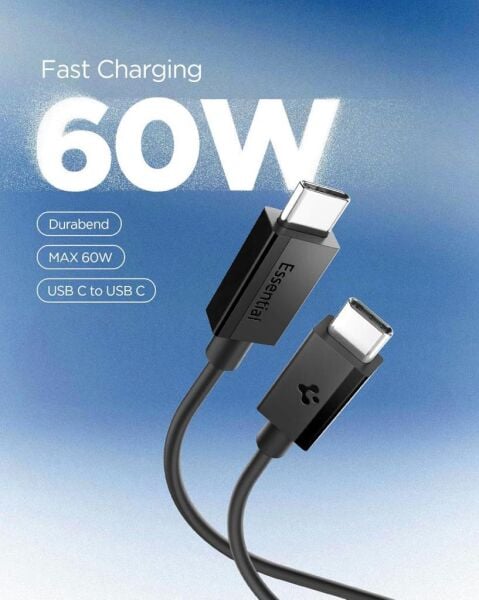 Spigen USB-C to USB-C 2 Metre Kablo 60W Güç / PPS 2.0 Super Hızlı Şarj / 480 Mbps Data Aktarım Hızı Type-C Ekstra Dayanıklı Black