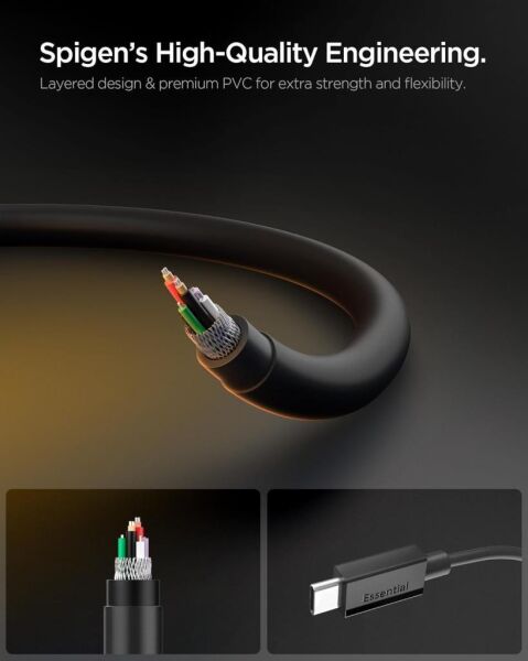 Spigen USB-C to USB-C 2 Metre Kablo 60W Güç / PPS 2.0 Super Hızlı Şarj / 480 Mbps Data Aktarım Hızı Type-C Ekstra Dayanıklı Black