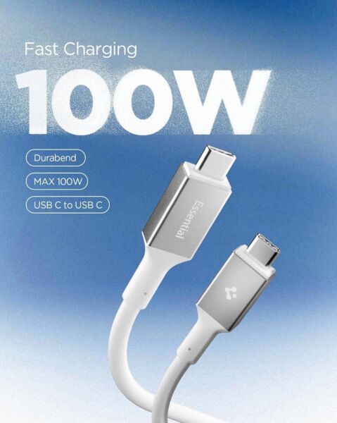 Spigen USB-C to USB-C 1 Metre Kablo 100W Güç/PPS 2.0 Desteği Super Hızlı Şarj / 5 Gbps (E-Marker Çip) Data Aktarım Hızı/PD USB 3.2 Type-C Ekstra Dayanıklı MFI Lisanslı White
