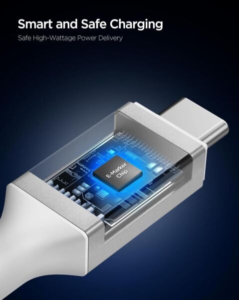 Spigen USB-C to USB-C 1 Metre Kablo 100W Güç/PPS 2.0 Desteği Super Hızlı Şarj / 5 Gbps (E-Marker Çip) Data Aktarım Hızı/PD USB 3.2 Type-C Ekstra Dayanıklı MFI Lisanslı White