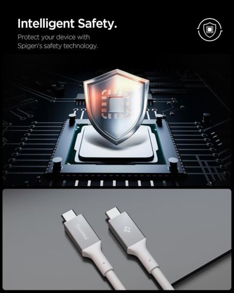 Spigen USB-C to USB-C 1 Metre Kablo 100W Güç/PPS 2.0 Desteği Super Hızlı Şarj / 5 Gbps (E-Marker Çip) Data Aktarım Hızı/PD USB 3.2 Type-C Ekstra Dayanıklı MFI Lisanslı White