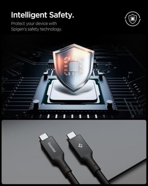 Spigen USB-C to USB-C 1 Metre Kablo 100W Güç/PPS 2.0 Desteği Super Hızlı Şarj / 5 Gbps (E-Marker Çip) Data Aktarım Hızı/PD USB 3.2 Type-C Ekstra Dayanıklı MFI Lisanslı Black