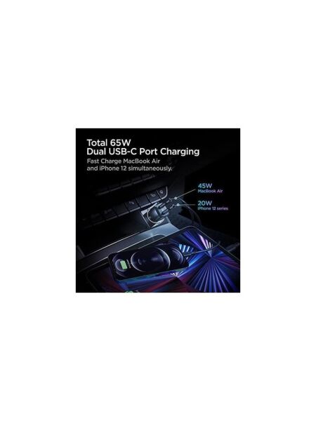 Spigen 65W USB-C 2 Port Araç içi Hızlı Şarj Aleti PPS Destekli Akım Korumalı Güç Adaptörü Çakmaklık iPhone & Android & iPad & MacBook Type-C