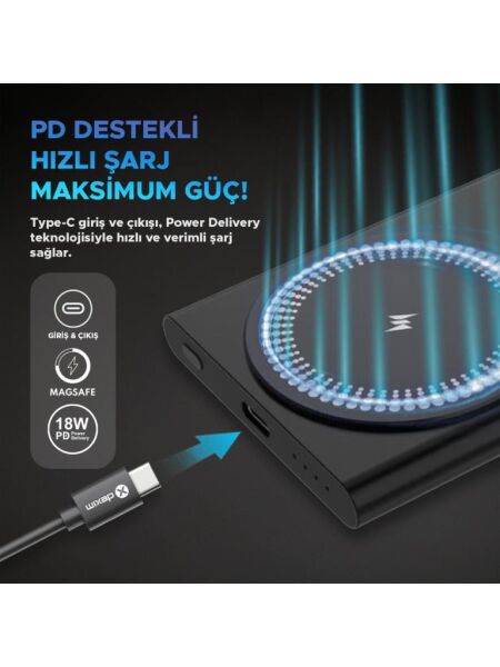 Dexim A16 5000mAh Alüminyum Magsafe Taşınabilir Şarj Cihazı Siyah - DCA0064