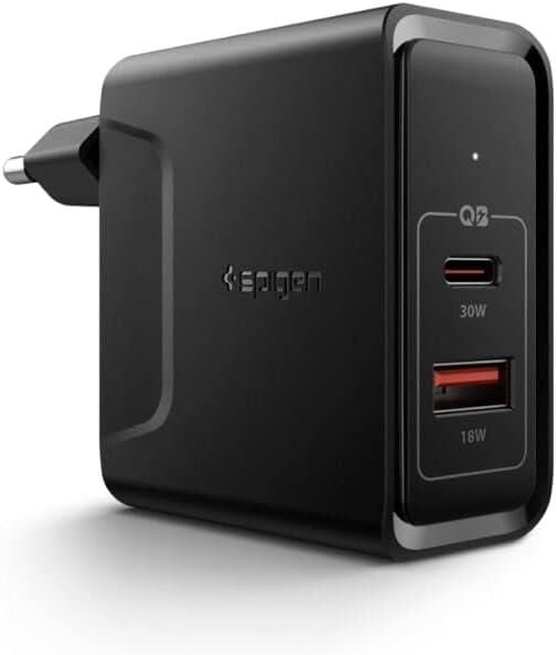 Spigen F211 SteadiBoost 48W Hızlı Şarj Cihazı (USB-C PD 3.0 30W + Quick Charge 3.0 18W) Duvar Şarjı