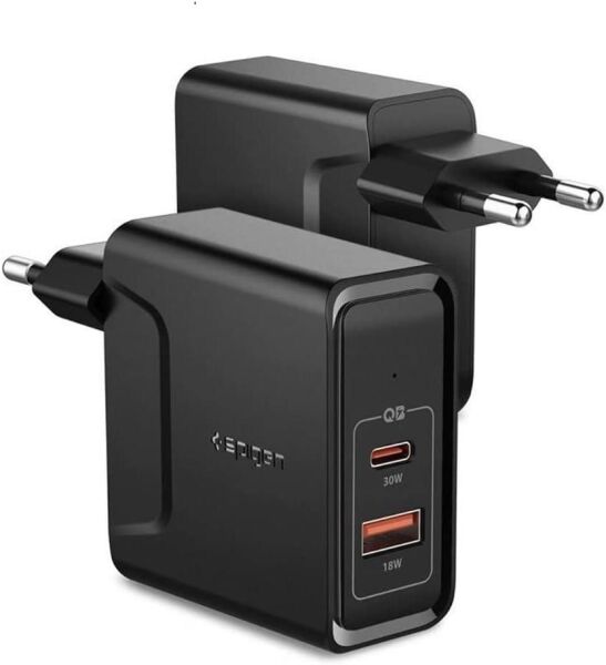 Spigen F211 SteadiBoost 48W Hızlı Şarj Cihazı (USB-C PD 3.0 30W + Quick Charge 3.0 18W) Duvar Şarjı