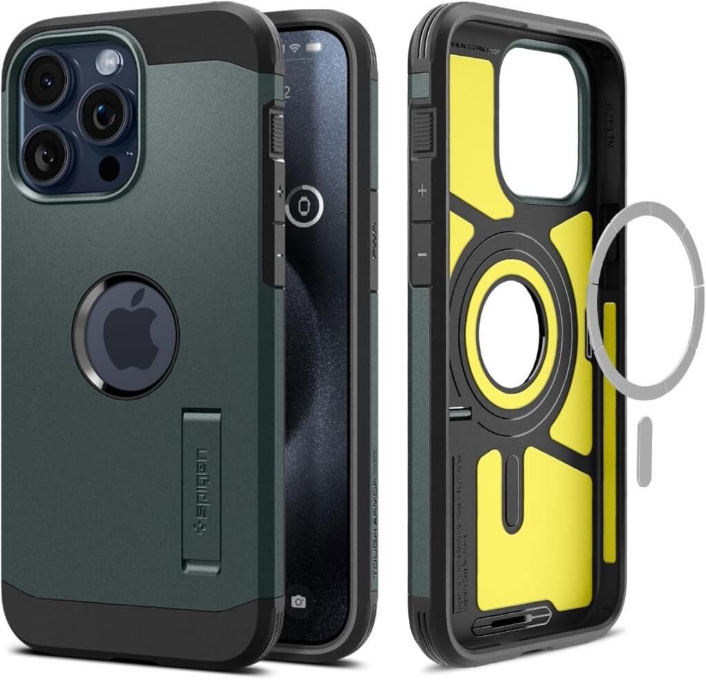 Spigen iPhone 15 Pro ile Uyumlu Kılıf Tough Armor Magfit (Magsafe Uyumlu) Abyss Green