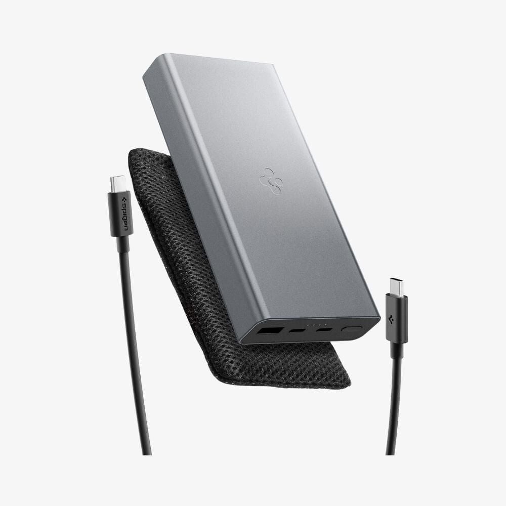 Spigen 20000 mAh Alüminyum Kasa 30W USB-C + USB-A Giriş / Çıkış Hızlı Şarj 3 Portlu Powerbank / 1 Metre Type-C Harici Kablolu Taşınabilir Şarj Cihazı + Taşıma Çantası EA3020 Gray