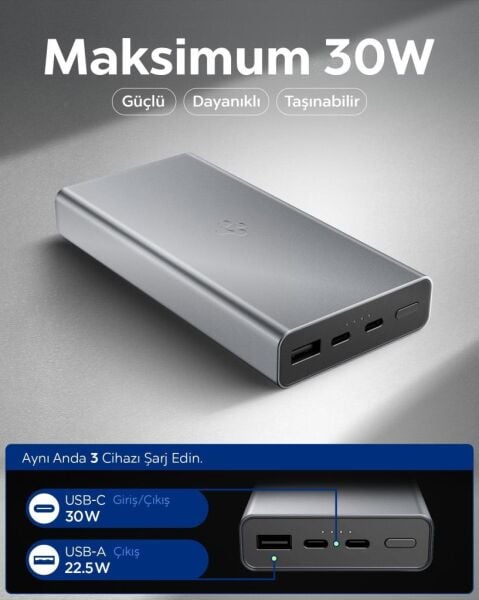 Spigen 20000 mAh Alüminyum Kasa 30W USB-C + USB-A Giriş / Çıkış Hızlı Şarj 3 Portlu Powerbank / 1 Metre Type-C Harici Kablolu Taşınabilir Şarj Cihazı + Taşıma Çantası EA3020 Gray