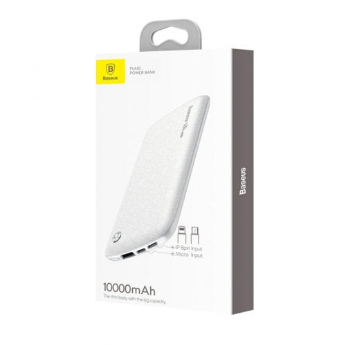 Baseus Plaid 10000 mAh Powerbank Lightnin + Micro Usb Şarj Girişli Beyaz