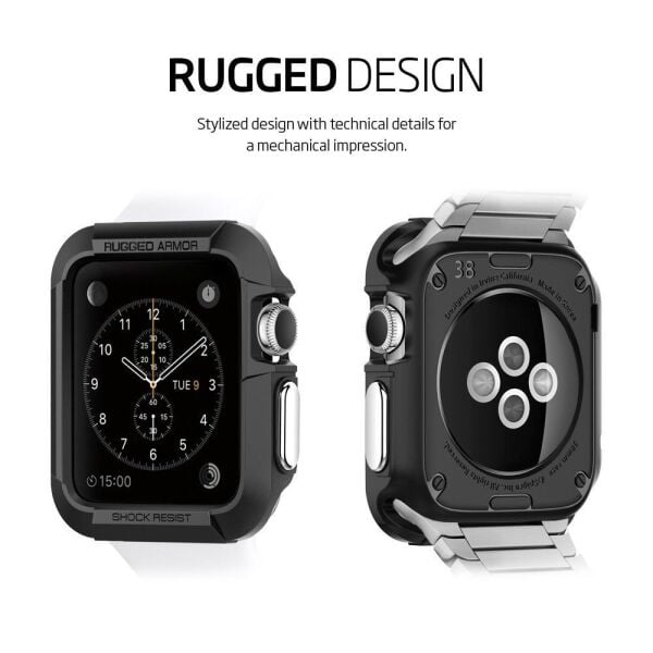Spigen Apple Watch ile Uyumlu Kılıf Rugged Armor (Ekran Koruyuculu) (42mm) Black