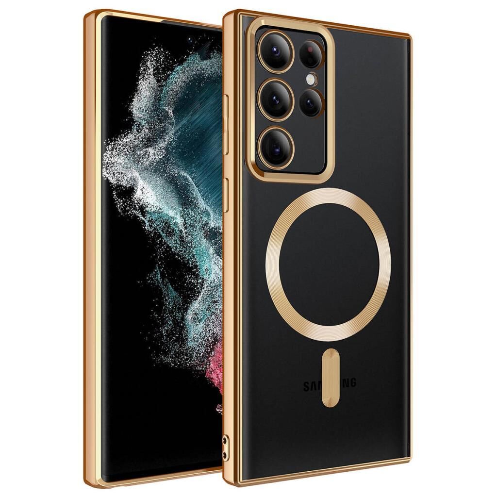 Zore Galaxy S22 Ultra ile Uyumlu Kılıf M-safe Şarj Özellikli Setro Silikon Kapak Gold