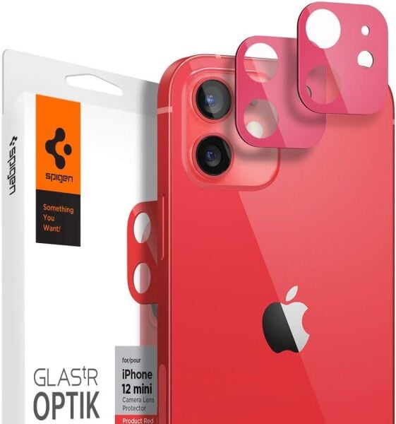 Spigen iPhone 12 Mini ile Uyumlu Kamera Lens Cam Ekran Koruyucu Glas.tR Optik (2 Adet) Red