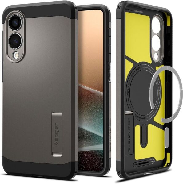 Spigen Galaxy S25 Edge ile Uyumlu Kılıf Tough Armor AI MagFit özellikli Kickstand Gun Metal