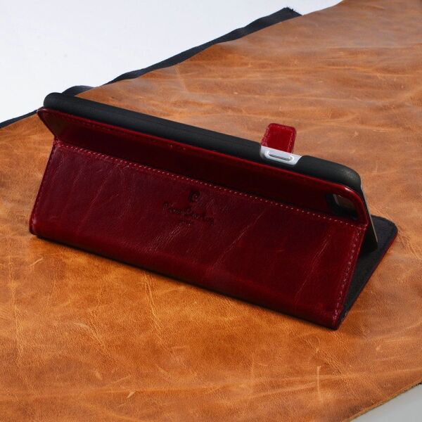 Pierre Cardin iPhone 6 Plus ile Uyumlu Deri Kapaklı Koruma Kılıfı Kırmızı PCL-P05