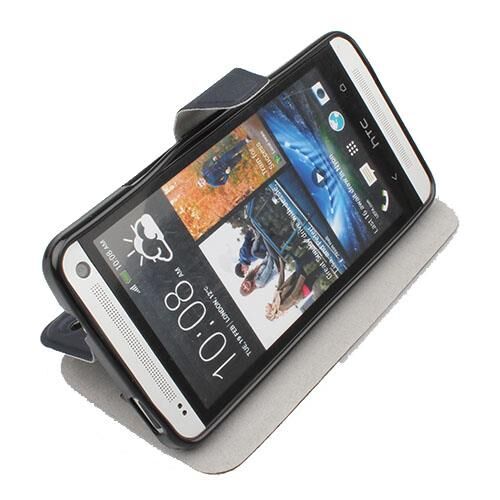 One M7 ile Uyumlu Yan Model Kapaklı Deri Kılıf Koyu Lacivert