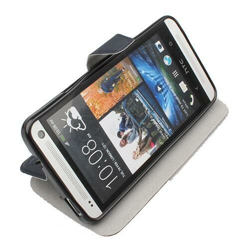 One M7 ile Uyumlu Yan Model Kapaklı Deri Kılıf Koyu Lacivert