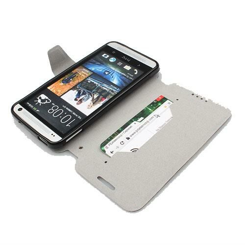 One M7 ile Uyumlu Yan Model Kapaklı Deri Kılıf Koyu Lacivert