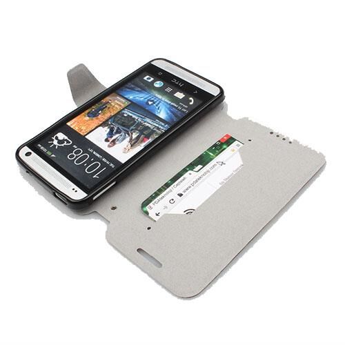 One M7 ile Uyumlu Yan Model Kapaklı Deri Kılıf Koyu Lacivert