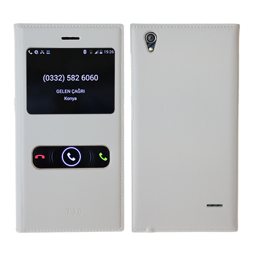 T50 ile Uyumlu Çift Pencereli Flip Cover Kılıf Beyaz