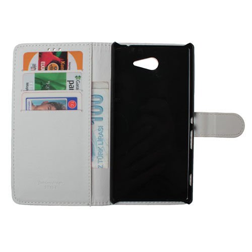 Xperia M2 Dual ile Uyumlu Kılıf Yan Model Kartlıklı Cüzdanlı Beyaz
