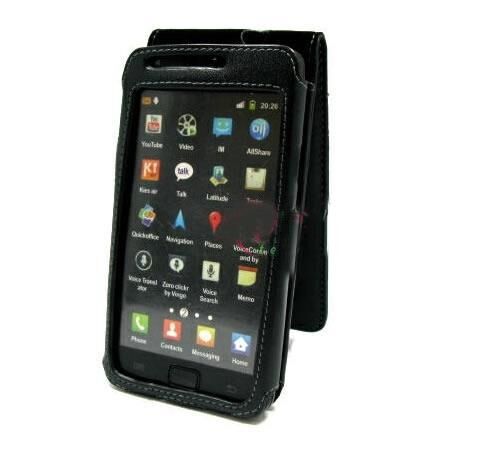 Galaxy S2 i9100 ile Uyumlu Deri Kılıf Dik Model Siyah