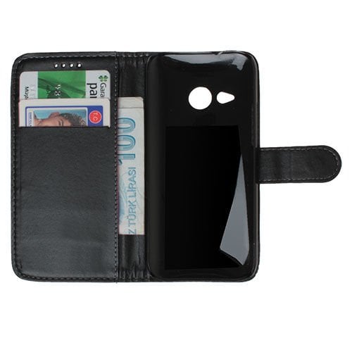 One M8 Mini ile Uyumlu Deri Kılıf Yan Model Kartlıklı Cüzdanlı Siyah