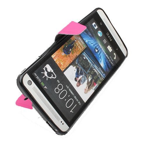 One M7 ile Uyumlu Yan Model Kapaklı Deri Kılıf Pembe