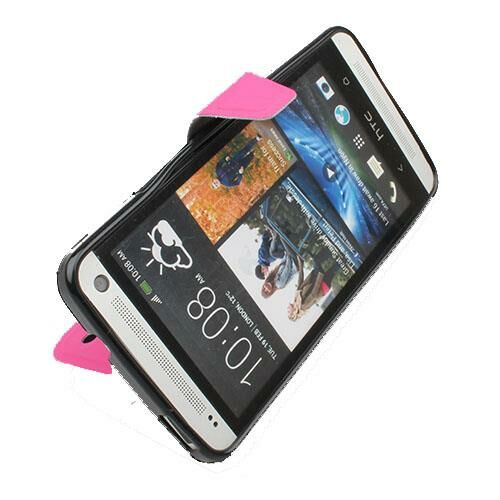 One M7 ile Uyumlu Yan Model Kapaklı Deri Kılıf Pembe