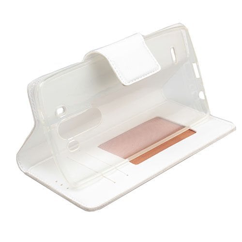 Jopus G3 ile Uyumlu D855 Yan Model Kapaklı Kartlıklı Kılıf Beyaz