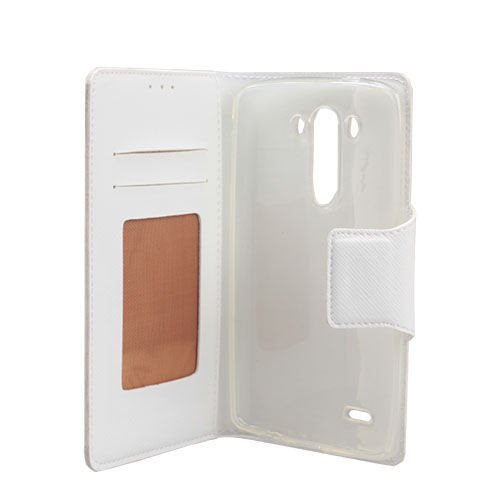 Jopus G3 ile Uyumlu D855 Yan Model Kapaklı Kartlıklı Kılıf Beyaz