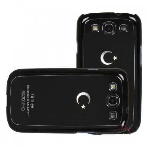 Galaxy S3 i9300 ile Uyumlu Sert Kauçuk Kılıf Ay Yıldızlı Model Siyah Renk